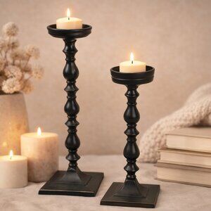 Pottery Barn Booker Pillar Candle Holder Set 12" & 8" Black Metal Discontinued